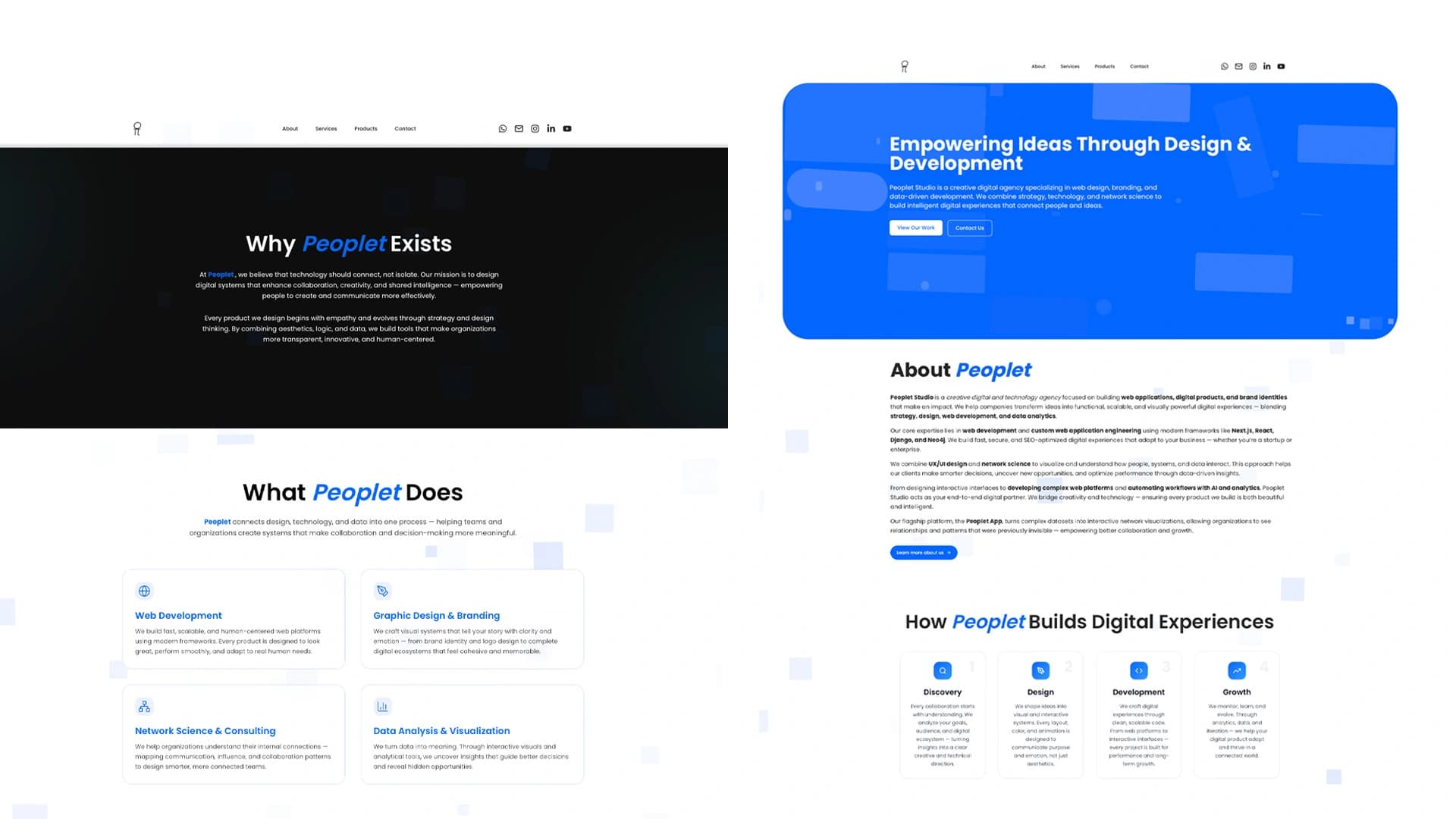 Product screenshots are contextualized with annotation callouts — so a visitor understands the insight, not just the interface.